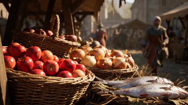 Close up of market stalls displaying produce like apples, onions, and fish in a medieval town square with people
