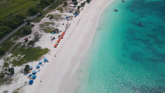 Aerial Coastline Dotted With Fishing Boats In Turquoise Water, Fleet Of Small Vessels Moving Along Shore, Fishermen Checking Nets, Calm Surf And Green Fields Beyond Beach, Tanjung Aan,Kuta,Lombok