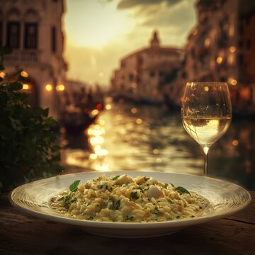 Beautifully plated creamy risotto with fresh herbs and white wine by a picturesque canal at sunset.