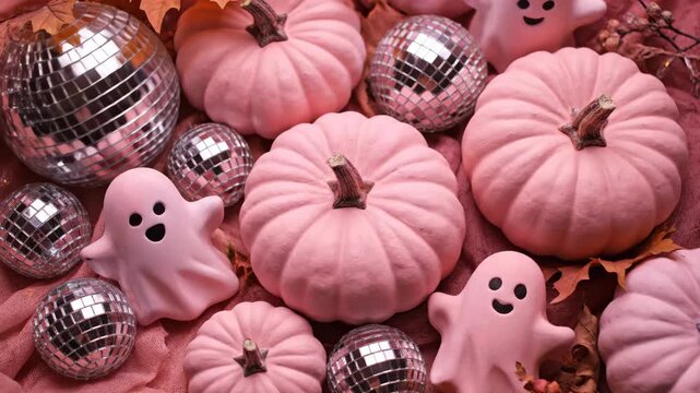 Pink pumpkins and cute ghosts with disco balls on a muted pink fabric for a festive halloween decoration.