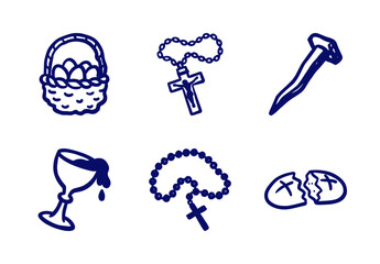 Catholic religious and Easter holiday symbols in a rustic naive doodle style. Hand-drawn blue marker sketches featuring rosary, chalice, and bread for spiritual branding.