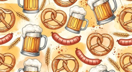 Oktoberfest Pattern: Beer Mugs, Pretzels, Sausages, and Wheat Ears