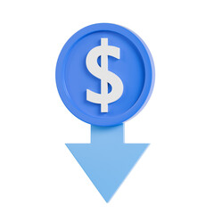 Obraz premium 3D illustration of a blue dollar coin with a downward arrow representing financial decline, loss, falling profit or negative market trend. Business and economy concept icon