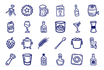 Naklejka premium Hand-drawn alcohol and bar elements for rustic brand identity. Naive marker sketch illustrations featuring craft beer, cocktails, and brewery equipment.