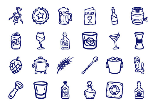 Hand-drawn alcohol and bar elements for rustic brand identity. Naive marker sketch illustrations featuring craft beer, cocktails, and brewery equipment.