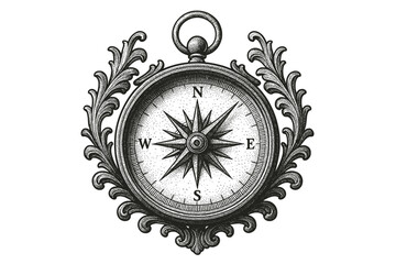 Ornate vintage compass pendant with decorative filigree frame, detailed engraved compass rose and cardinal points, monochrome hand-drawn nautical navigation emblem © Vladyslav Tykhonov