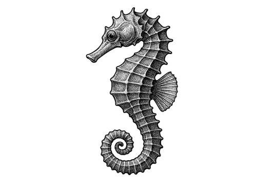 Highly detailed black and white stippled illustration of a seahorse showing textured bony plates, curled tail, snout and dorsal fin in engraving style on white background