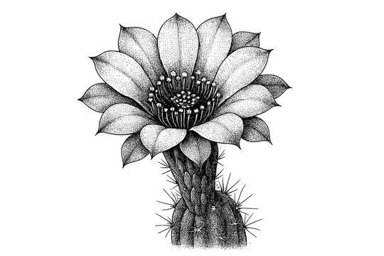 Highly detailed black ink stipple illustration of a flowering cactus with a large single blossom, dotwork petals and textured spines in botanical monochrome artwork