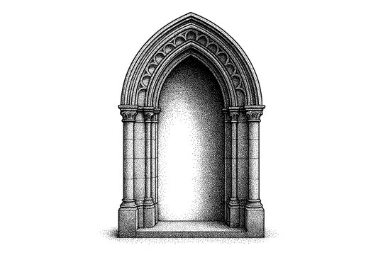 Ornate Gothic pointed arch doorway with layered archivolts, clustered columns, carved stone portal and recessed niche, black-and-white stippled illustration of medieval entrance