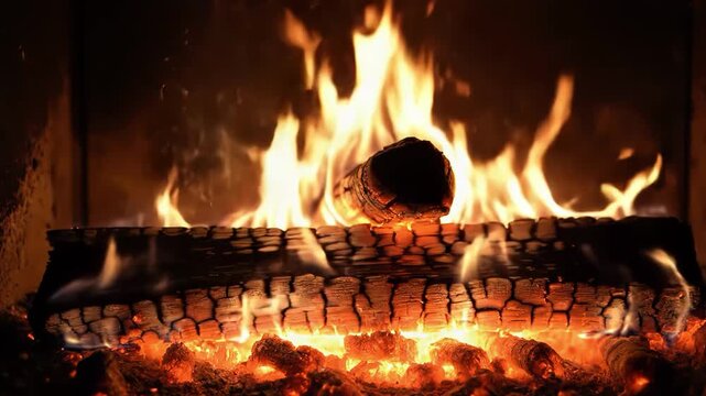 Warm fire burning logs in a dark fireplace