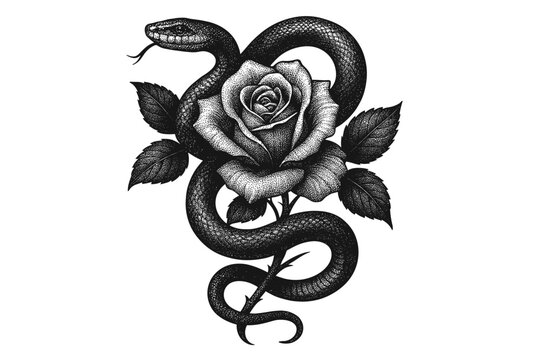 Black ink illustration of a coiled snake entwined with a detailed blooming rose, tattoo-style botanical composition with textured scales, leaves and curling form in monochrome