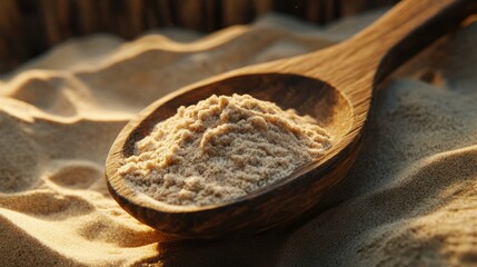 Wooden spoon with beige powder on sandy surface