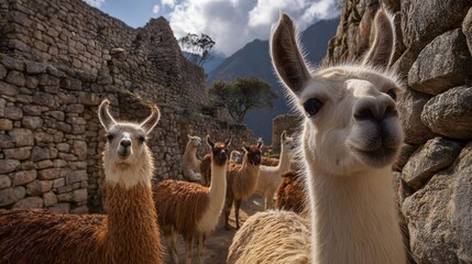 Fototapeta premium Engaging close-up of a curious white llama, with a herd and ancient stone ruins creating a dynamic background under a bright sky.