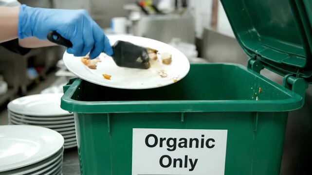 Woman with gloves scrapes food scraps into a green organic waste bin in a commercial kitchen for environmental sustainability.