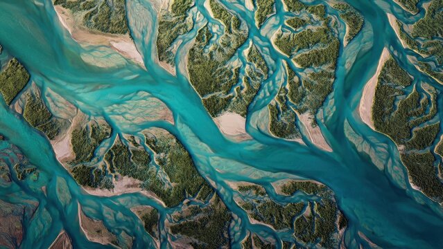 Aerial View of Vibrant Turquoise Braided River Landscape