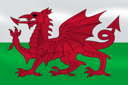 Wales flag with wavy silk effect. Vector flag. UK constituent country in western Great Britain. Rugged mountains, castles, Celtic heritage