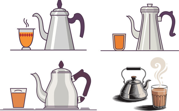 Traditional Indian Chai Kettle and Cutting Tea Glass Vector Illustration