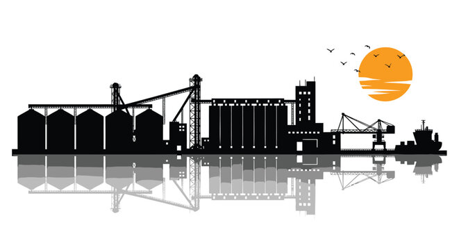 Industrial harbor silhouette vector, sunset background