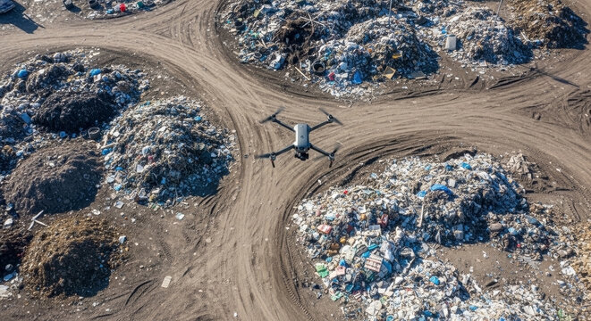 Drone flying over dump site, capturing aerial view of vast landfill with waste. High tech drone flying over dump site monitors environmental impact, aids waste management.