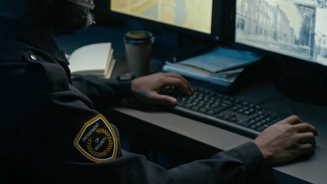 Over shoulder close up shot of unrecognizable Black man working as dispatcher at police command center and speaking into headset while using computer, focus on hands typing on keyboard