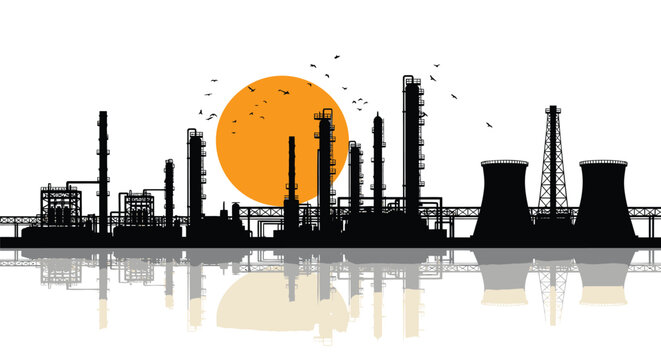 Vector industrial landscape silhouette with factory and sunset