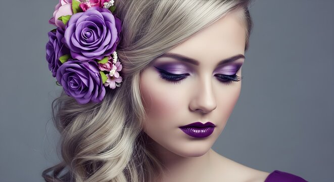 Beautiful woman with purple makeup and flowers in hair