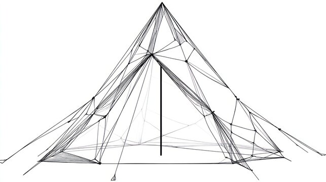 Minimalist wireframe-style teepee tent outline on white, vector style, simplistic design