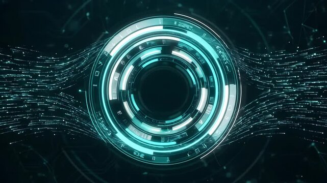 Glowing teal ai interface ring with rotating segments processes data amidst micro particles in a dark, futuristic digital space.