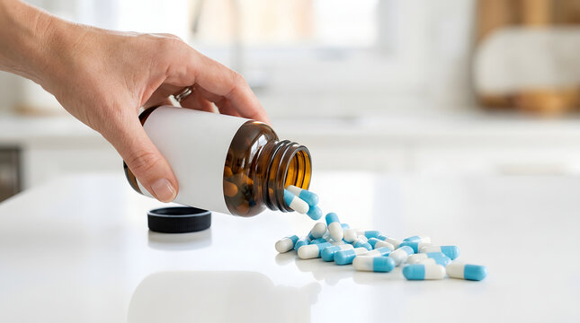 Close up of a hand pouring blue pills from a bottle, representing medication use, adherence, and prescription management in healthcare