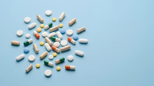 Mixed tablets and capsules scattered on a blue background for healthcare messaging about medication, prevention, and social prescribing