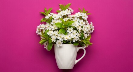 Fototapeta premium Delicate white flowers with vibrant green leaves beautifully arranged in a plain white ceramic mug, set.