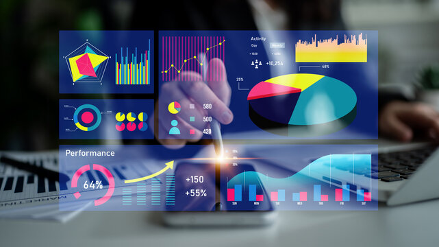 A modern data visualization showcasing various charts and graphs for business performance analysis in a sleek office environment, emphasizing innovation and technology. Impute