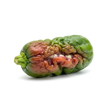 Rotten Green Pepper with Visible Seeds and Pulp.