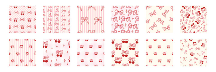 Naklejka premium Seamless cherry pattern set with pink bows and hearts. Cute coquette design for fabric, gift wrap, or romantic Valentine backgrounds. Girly vintage print with ribbon accents. Vector illustration