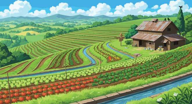 Anime Style Summer Terraced Hillside Farm with Vegetable Rows Scarecrow and Wooden Barn