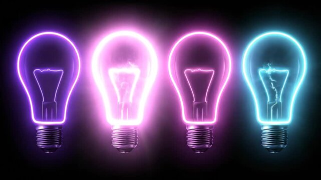 Four neon lightbulbs glow with electric energy in varying colors against a dark background