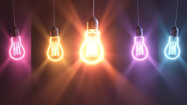 A neon-lit array of light bulbs in an alluring ambiance, showcasing a spectrum of vibrant colors