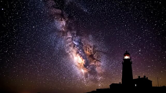 Lighthouse Silhouette Under Milky Way Galaxy and Starry Night Sky for Celestial Navigation