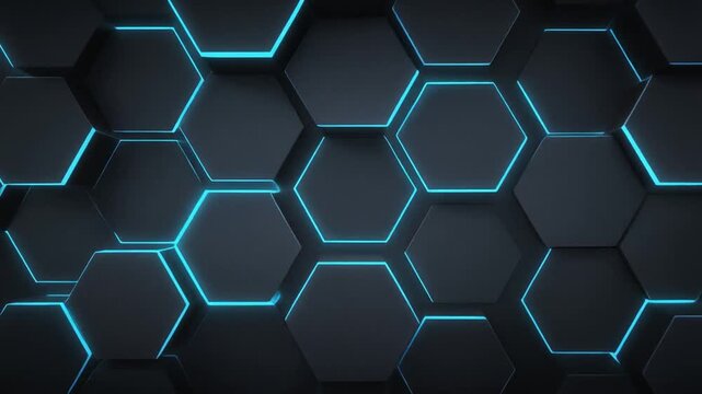 A 3D rendered hexagonal structure. The gray-black panels have vibrant neon-blue outlines. Highlighting edges