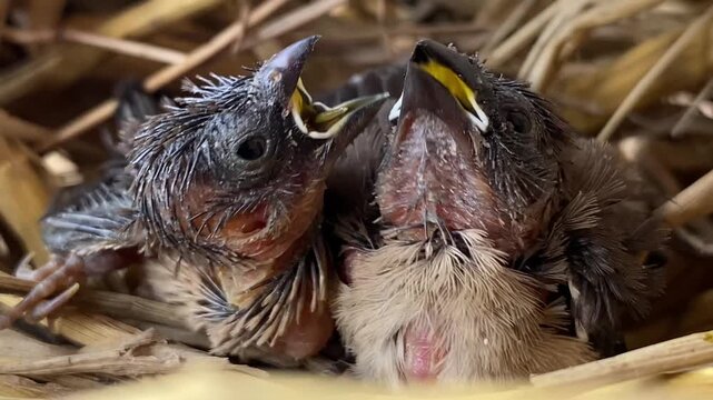 Hungry Munia Baby Birds (Lonchura) Begging in Nest with Open Beaks Close-Up