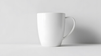 Fototapeta premium Blank white ceramic coffee mug isolated on a light background. Perfect empty mockup template for custom design, logo placement, or branding