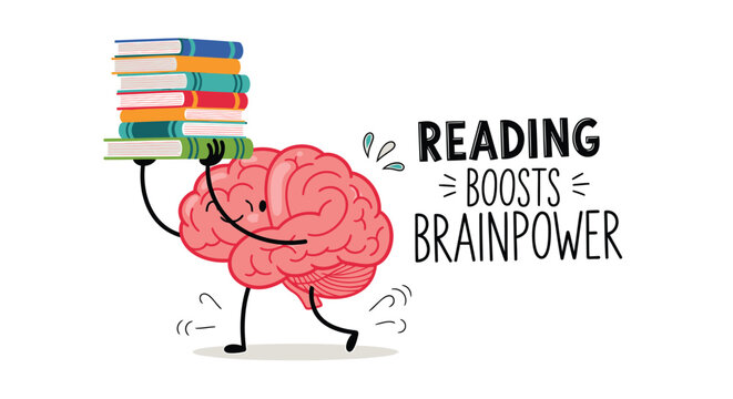 Vector illustration of brain character holding books, reading boosts brainpower