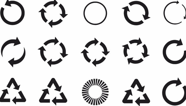 Collection of various circular arrow and recycle icons, representing refresh, rotation, and recycling processes
