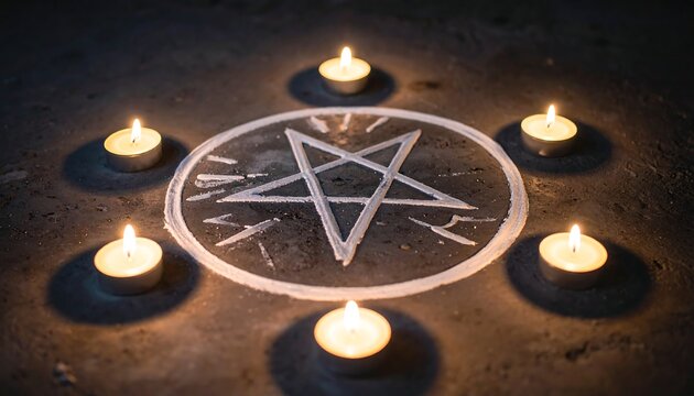 Mystical Pentagram Ritual with Burning Candles and Symbolism.