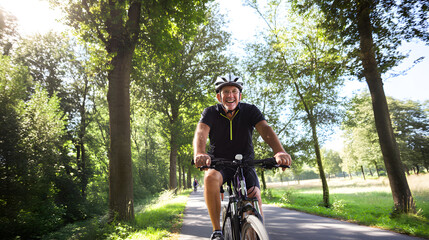 Naklejka premium Smiling senior cycling on sunny forest path
