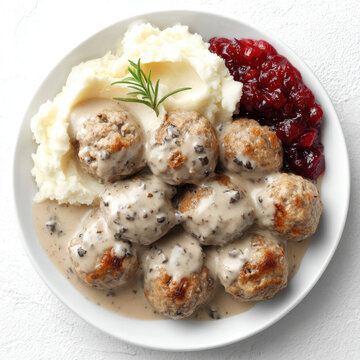 Overhead view of Swedish meatballs with mashed potatoes, cream gravy and lingonberry sauce