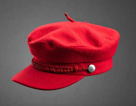 Stylish Red Beret Cap with Visor and Decorative Details.