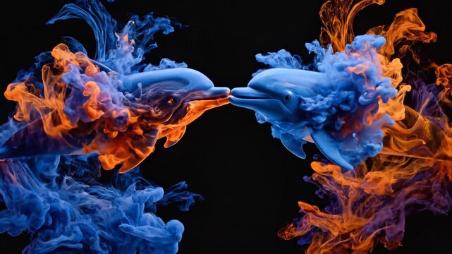 Two digital dolphins depicted with vibrant blue and orange smoke against a black background