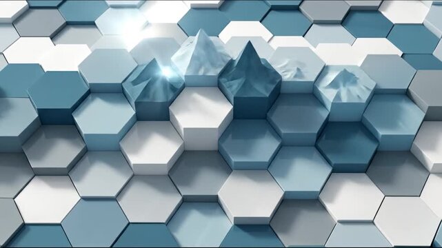 A close-up view of a 3D hexagonal tile pattern with varying shades of blue and white