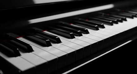 Close-up of a glossy black piano keyboard with sharp focus on the keys